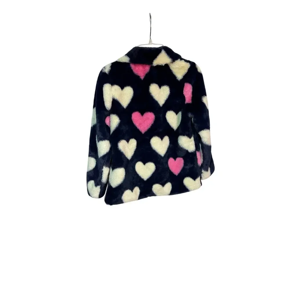 Hatley 8 blue faux fur pink white hearts jacket w/pockets like new